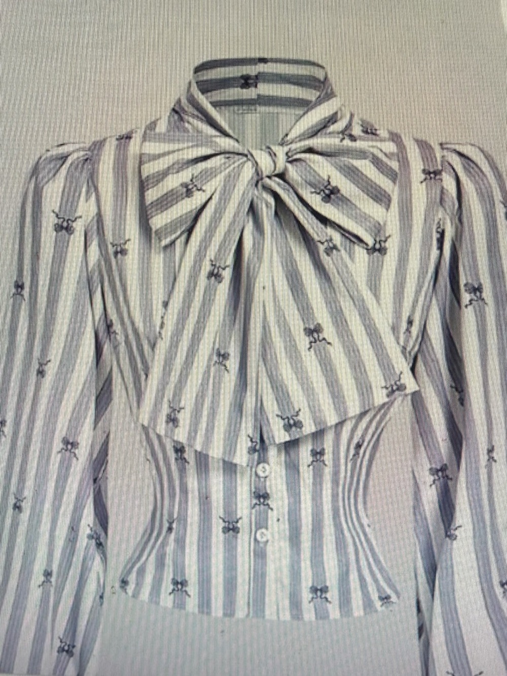 SHEIN Striped Bow-Tie Button-Front Blouse in White & Gray
